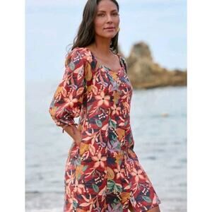 Garnet Hill Linen Tie Sleeve Dress XL Multicolor Large Floral Boho Cottagecore